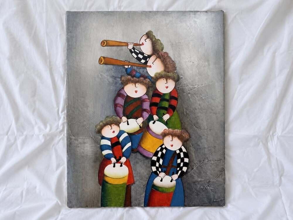 Joyce Roybal Original Oil Painting on Canvas Children Musicians Horns and Drums